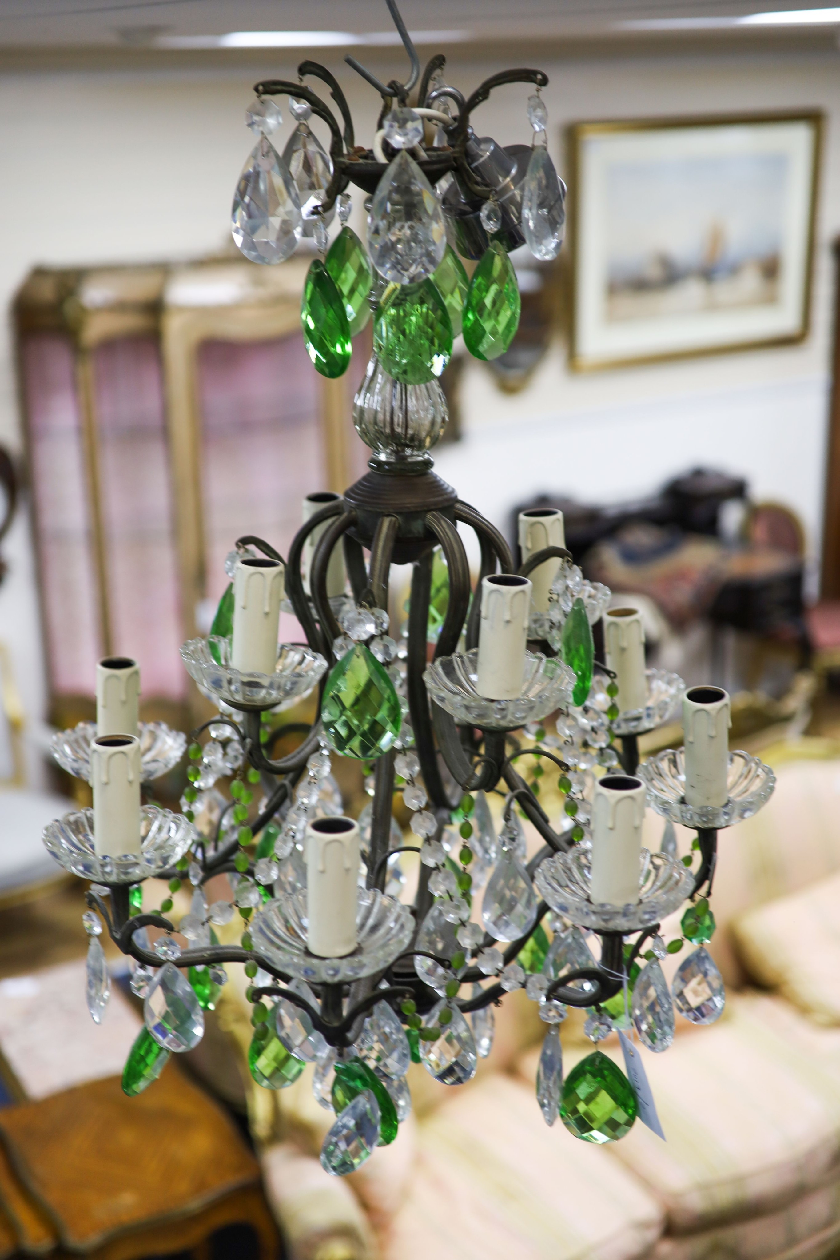 A Bohemian green and clear glass electrolier, 74cm high